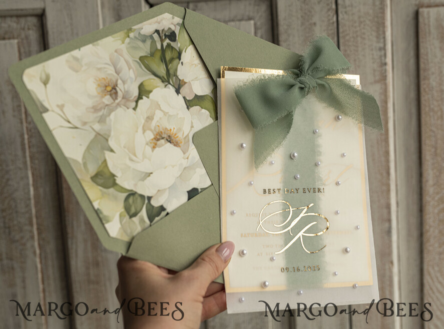 WEDDING INVITATIONS gold / rose gold / silver / glitter Sag Green Chiffon bow beaded bespoke Elegant Greenery Gold Wedding Invitation Suite, White Perls Golden Wedding Cards, Boho golden folder Wedding Stationery, Vellum etui with monogram