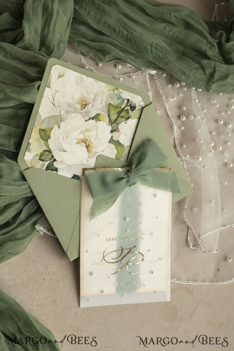 WEDDING INVITATIONS gold / rose gold / silver / glitter Sag Green Chiffon bow beaded bespoke Elegant Greenery Gold Wedding Invitation Suite, White Perls Golden Wedding Cards, Boho golden folder Wedding Stationery, Vellum etui with monogram