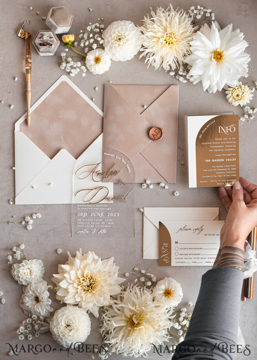 WEDDING INVITATIONS gold / rose gold / silver / glitter Arch Golden Acrylic wedding invitation suite, Velvet Beige Wedding Invites, Glamour Plexi Glass Wedding Invitations