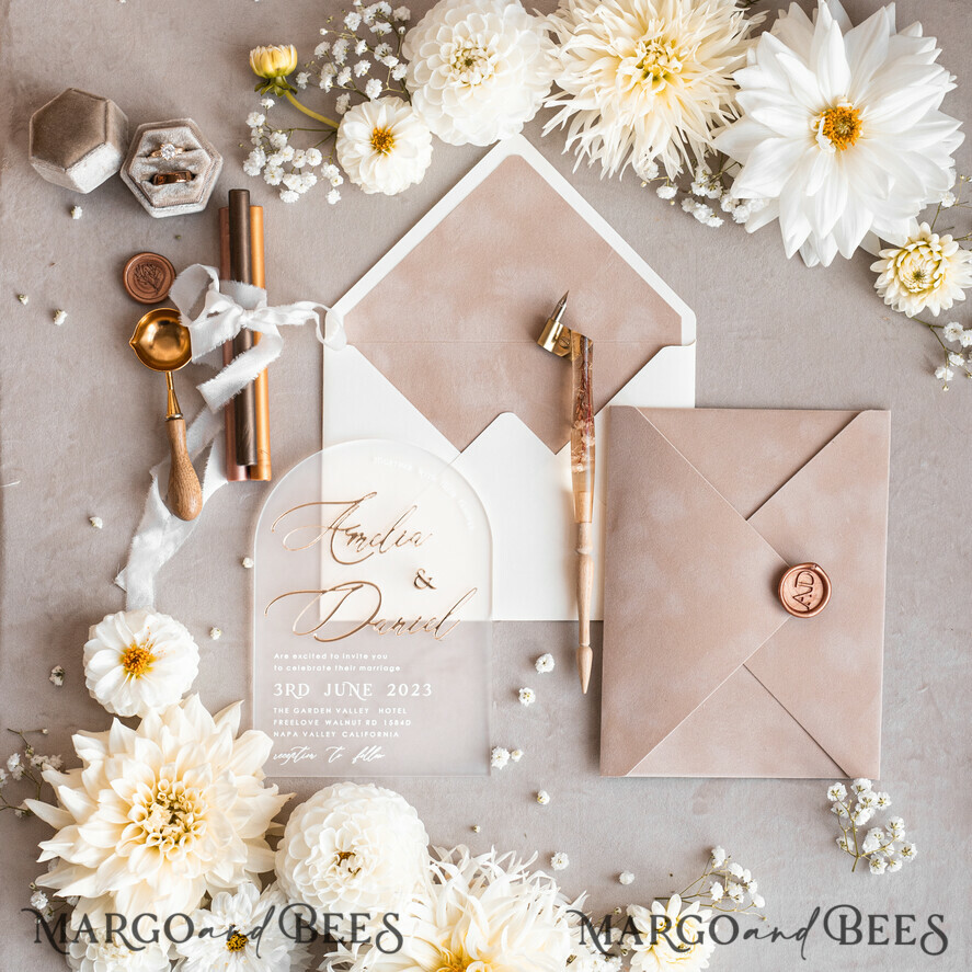 WEDDING INVITATIONS gold / rose gold / silver / glitter Arch Golden Acrylic wedding invitation suite, Velvet Beige Wedding Invites, Glamour Plexi Glass Wedding Invitations