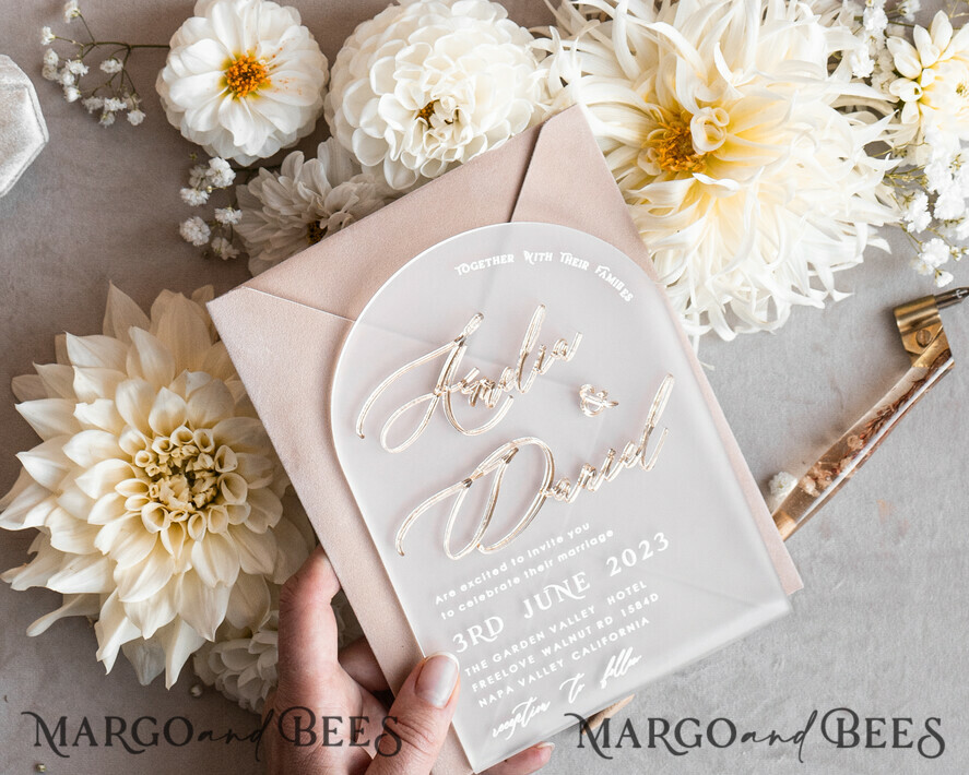 WEDDING INVITATIONS gold / rose gold / silver / glitter Arch Golden Acrylic wedding invitation suite, Velvet Beige Wedding Invites, Glamour Plexi Glass Wedding Invitations