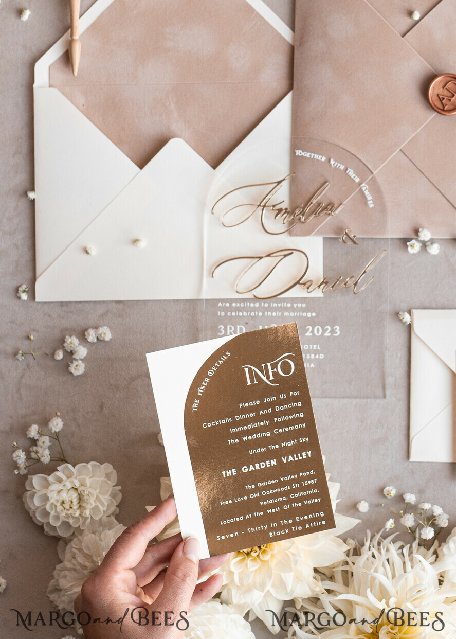 WEDDING INVITATIONS gold / rose gold / silver / glitter Arch Golden Acrylic wedding invitation suite, Velvet Beige Wedding Invites, Glamour Plexi Glass Wedding Invitations
