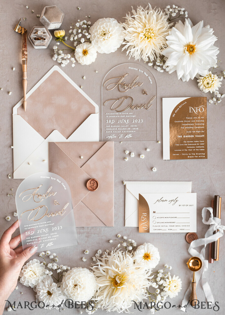 WEDDING INVITATIONS gold / rose gold / silver / glitter Arch Golden Acrylic wedding invitation suite, Velvet Beige Wedding Invites, Glamour Plexi Glass Wedding Invitations