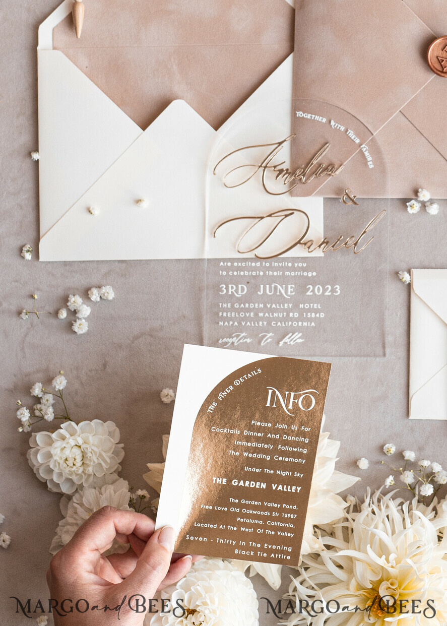 WEDDING INVITATIONS gold / rose gold / silver / glitter Arch Golden Acrylic wedding invitation suite, Velvet Beige Wedding Invites, Glamour Plexi Glass Wedding Invitations