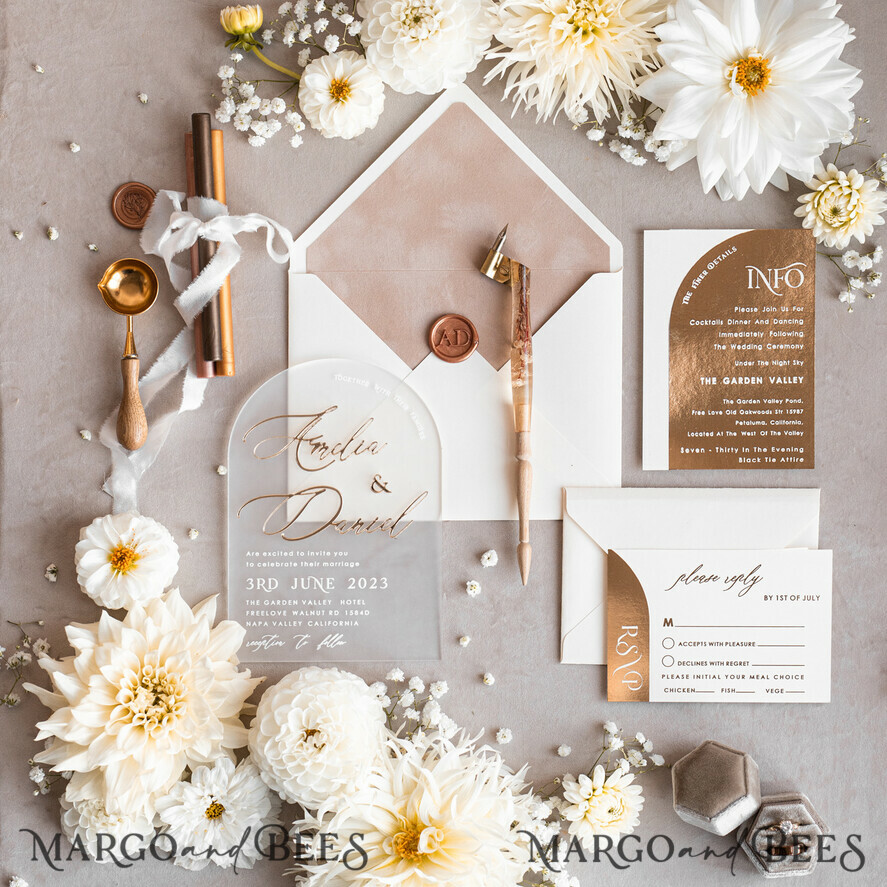 WEDDING INVITATIONS gold / rose gold / silver / glitter Arch Golden Acrylic wedding invitation suite, Velvet Beige Wedding Invites, Glamour Plexi Glass Wedding Invitations