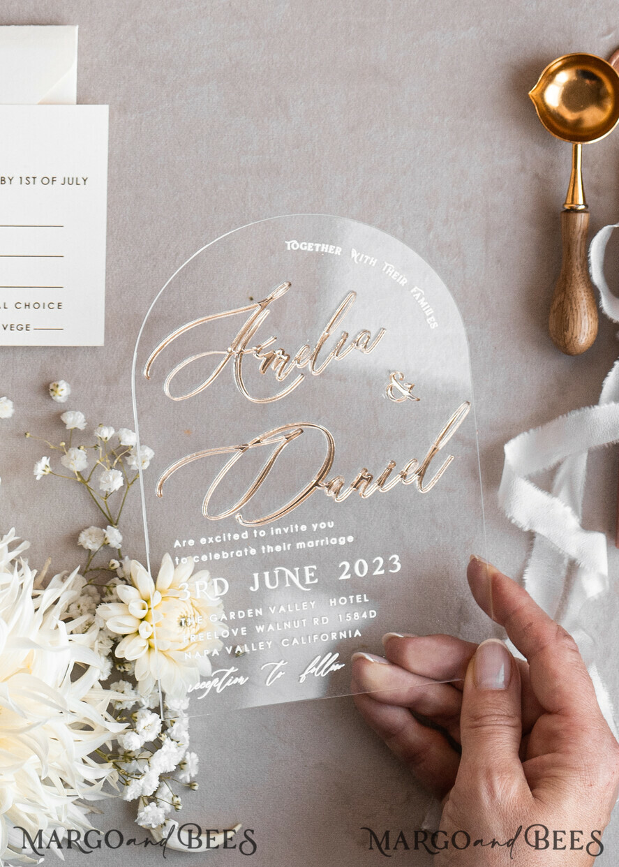 WEDDING INVITATIONS gold / rose gold / silver / glitter Arch Golden Acrylic wedding invitation suite, Velvet Beige Wedding Invites, Glamour Plexi Glass Wedding Invitations