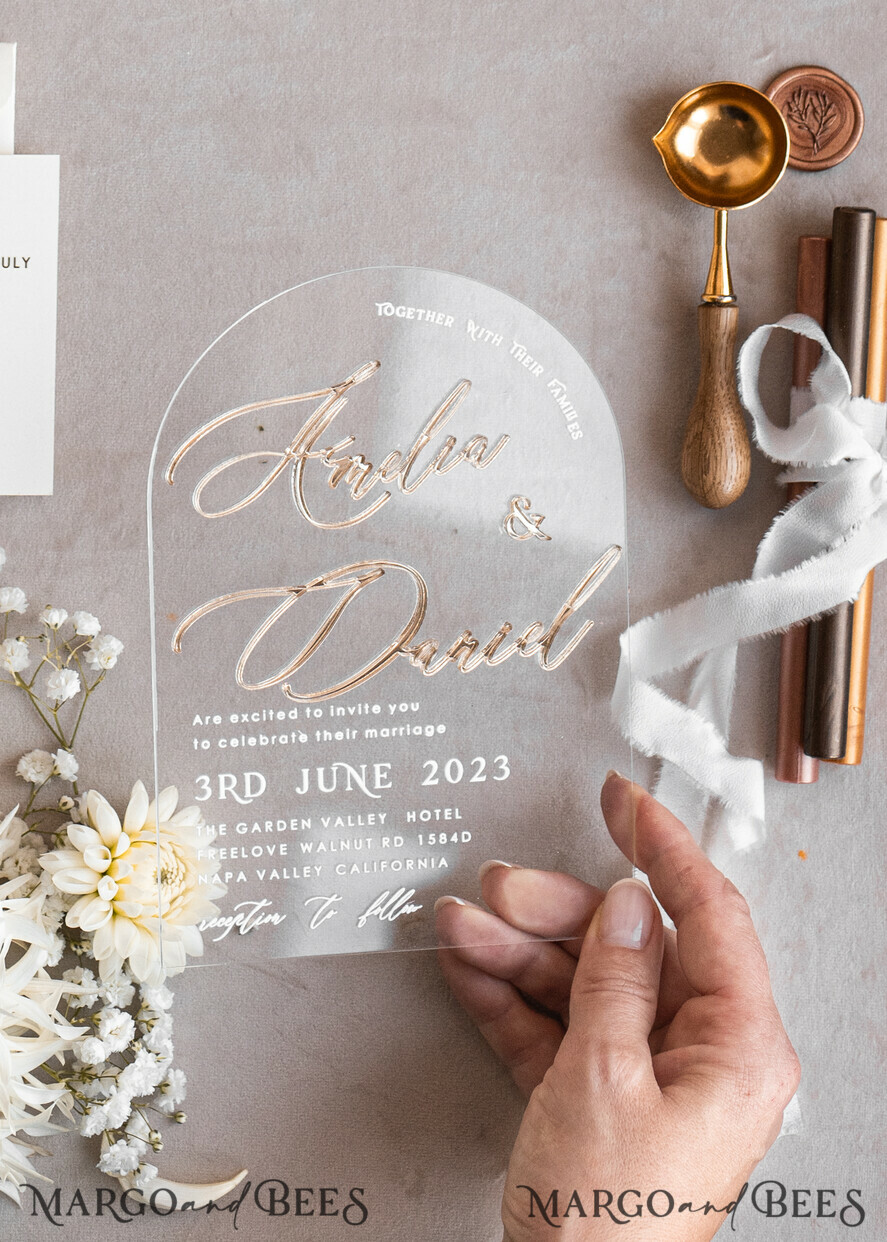 WEDDING INVITATIONS gold / rose gold / silver / glitter Arch Golden Acrylic wedding invitation suite, Velvet Beige Wedding Invites, Glamour Plexi Glass Wedding Invitations