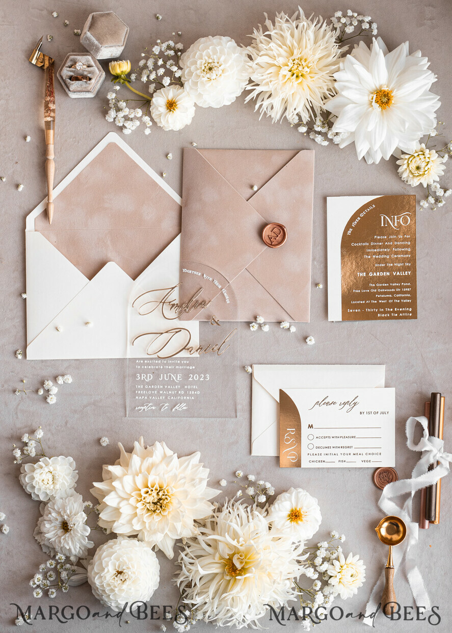WEDDING INVITATIONS gold / rose gold / silver / glitter Arch Golden Acrylic wedding invitation suite, Velvet Beige Wedding Invites, Glamour Plexi Glass Wedding Invitations