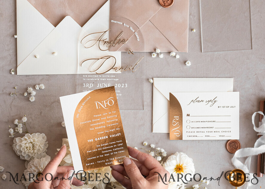 WEDDING INVITATIONS gold / rose gold / silver / glitter Arch Golden Acrylic wedding invitation suite, Velvet Beige Wedding Invites, Glamour Plexi Glass Wedding Invitations