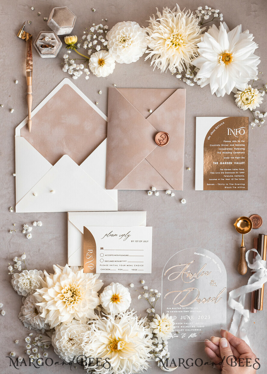 WEDDING INVITATIONS gold / rose gold / silver / glitter Arch Golden Acrylic wedding invitation suite, Velvet Beige Wedding Invites, Glamour Plexi Glass Wedding Invitations