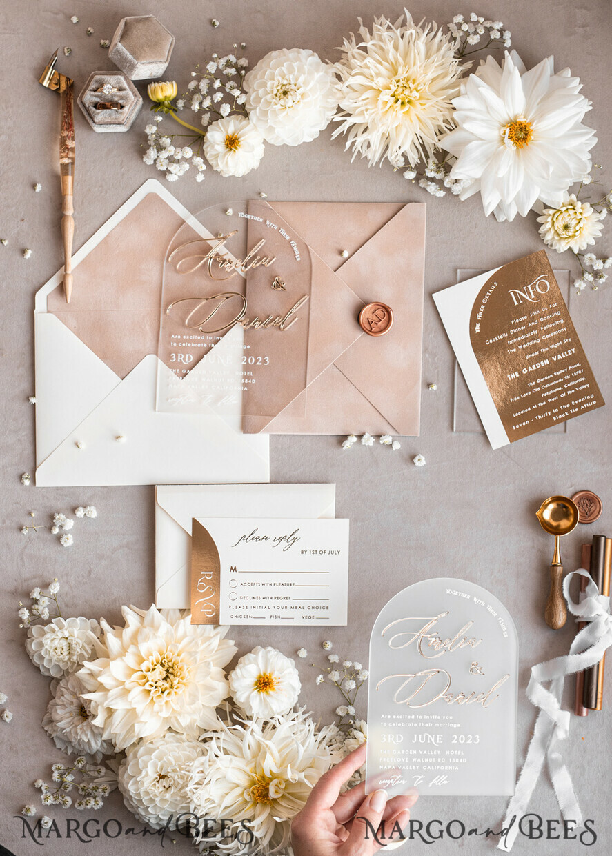 WEDDING INVITATIONS gold / rose gold / silver / glitter Arch Golden Acrylic wedding invitation suite, Velvet Beige Wedding Invites, Glamour Plexi Glass Wedding Invitations