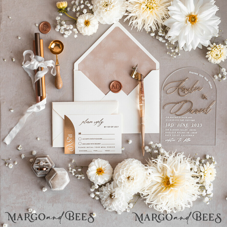 WEDDING INVITATIONS gold / rose gold / silver / glitter Arch Golden Acrylic wedding invitation suite, Velvet Beige Wedding Invites, Glamour Plexi Glass Wedding Invitations