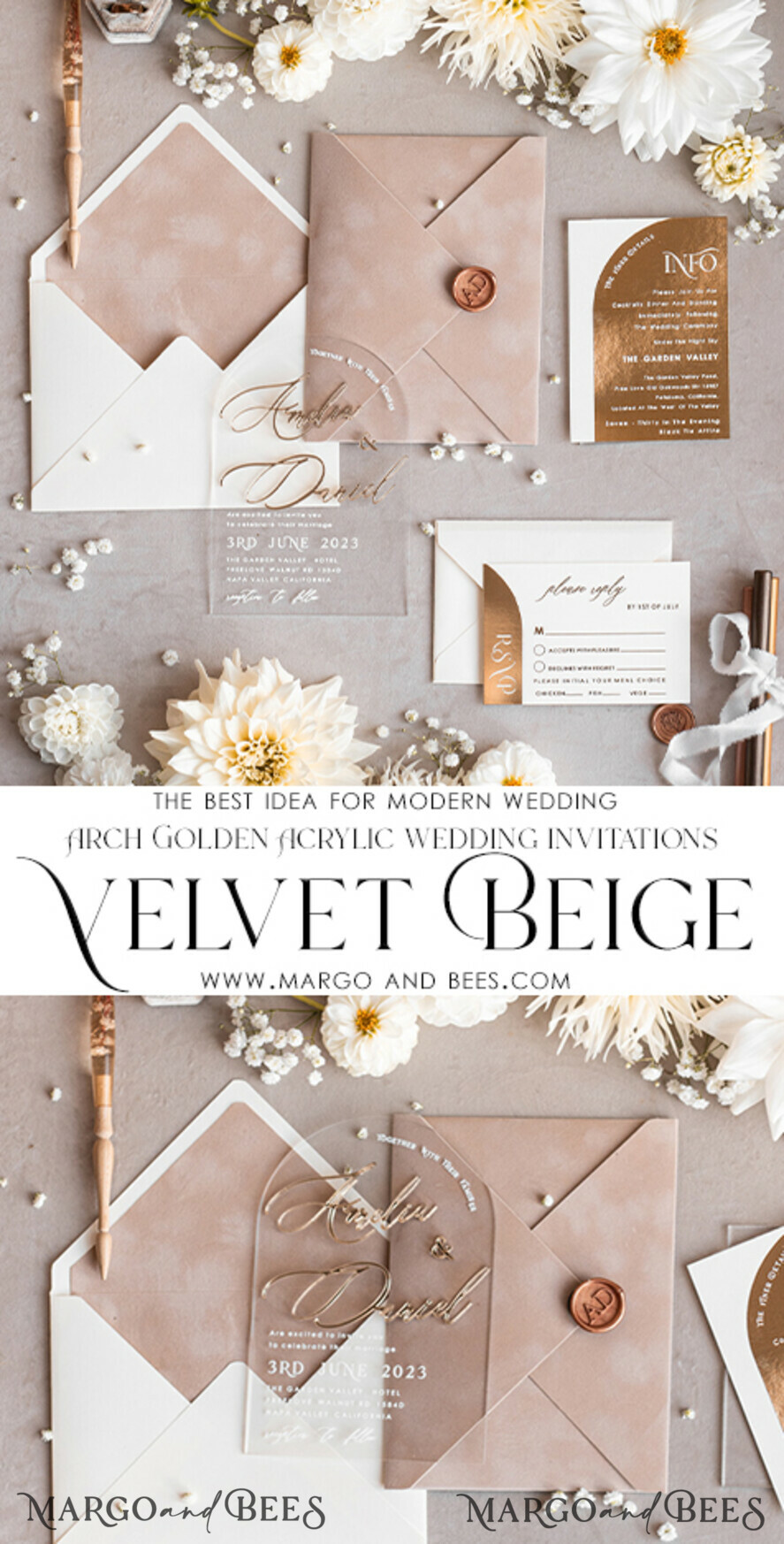 WEDDING INVITATIONS gold / rose gold / silver / glitter Arch Golden Acrylic wedding invitation suite, Velvet Beige Wedding Invites, Glamour Plexi Glass Wedding Invitations