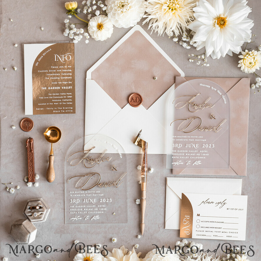 WEDDING INVITATIONS gold / rose gold / silver / glitter Arch Golden Acrylic wedding invitation suite, Velvet Beige Wedding Invites, Glamour Plexi Glass Wedding Invitations