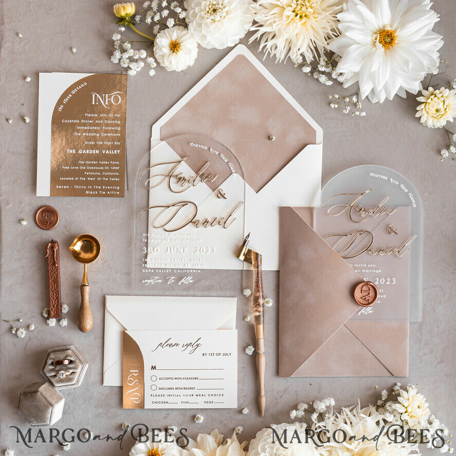 WEDDING INVITATIONS gold / rose gold / silver / glitter Arch Golden Acrylic wedding invitation suite, Velvet Beige Wedding Invites, Glamour Plexi Glass Wedding Invitations