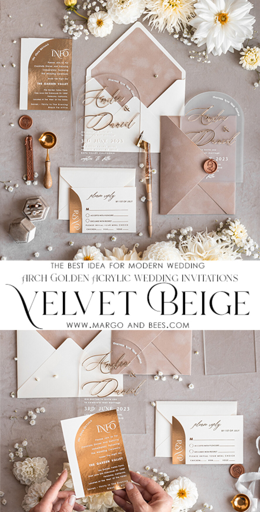 WEDDING INVITATIONS gold / rose gold / silver / glitter Arch Golden Acrylic wedding invitation suite, Velvet Beige Wedding Invites, Glamour Plexi Glass Wedding Invitations