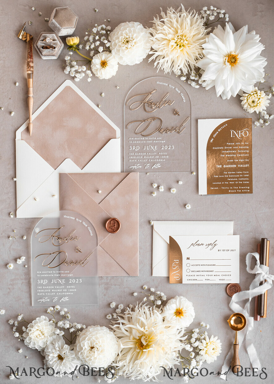 WEDDING INVITATIONS gold / rose gold / silver / glitter Arch Golden Acrylic wedding invitation suite, Velvet Beige Wedding Invites, Glamour Plexi Glass Wedding Invitations