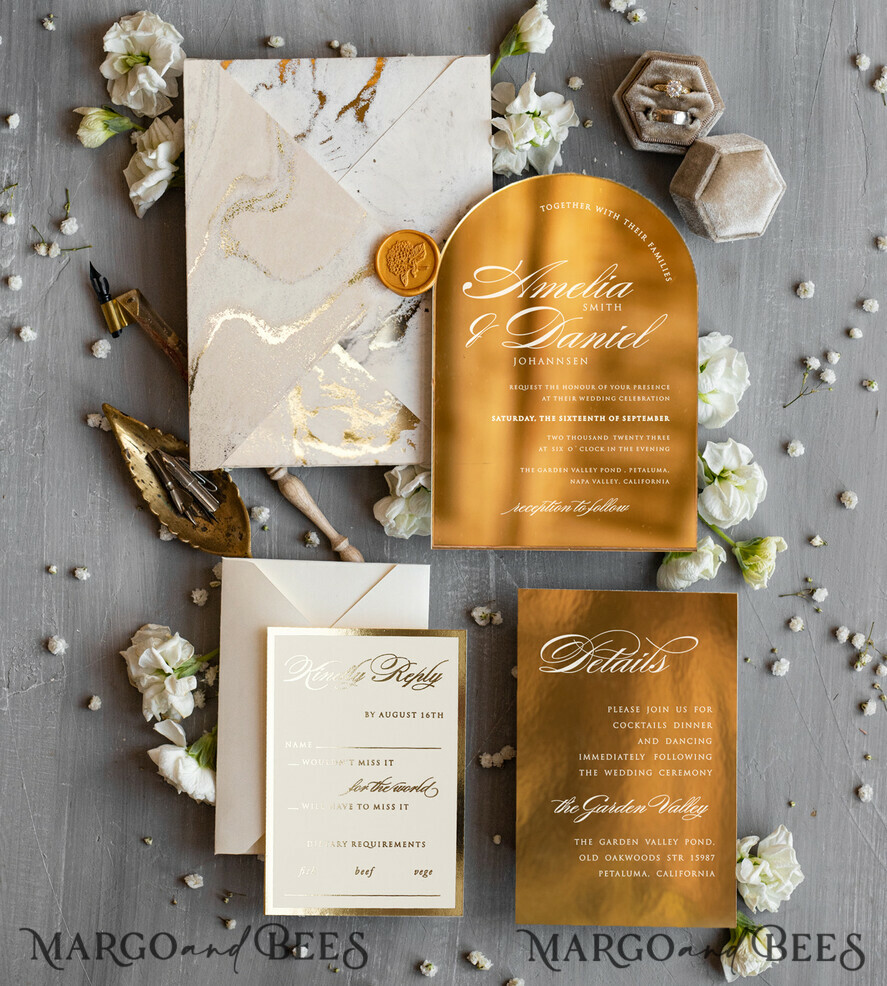 WEDDING INVITATIONS gold / rose gold / silver / glitter Arch Gold Acrylic wedding invitation, Luxury gold marble Wedding Invites, Glamour Ivory Wedding Invitation Suite