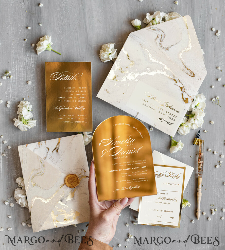 WEDDING INVITATIONS gold / rose gold / silver / glitter Arch Gold Acrylic wedding invitation, Luxury gold marble Wedding Invites, Glamour Ivory Wedding Invitation Suite