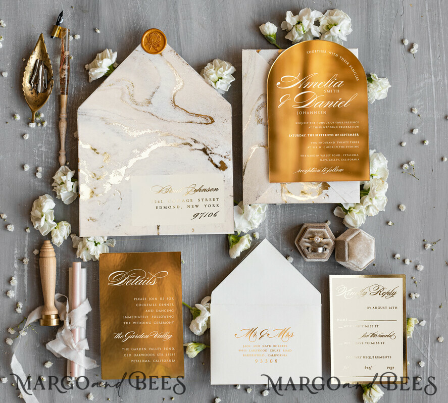 WEDDING INVITATIONS gold / rose gold / silver / glitter Arch Gold Acrylic wedding invitation, Luxury gold marble Wedding Invites, Glamour Ivory Wedding Invitation Suite