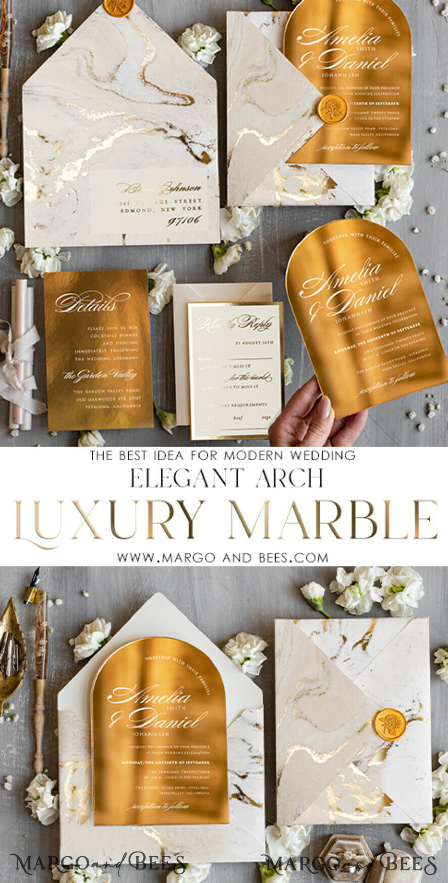 WEDDING INVITATIONS gold / rose gold / silver / glitter Arch Gold Acrylic wedding invitation, Luxury gold marble Wedding Invites, Glamour Ivory Wedding Invitation Suite