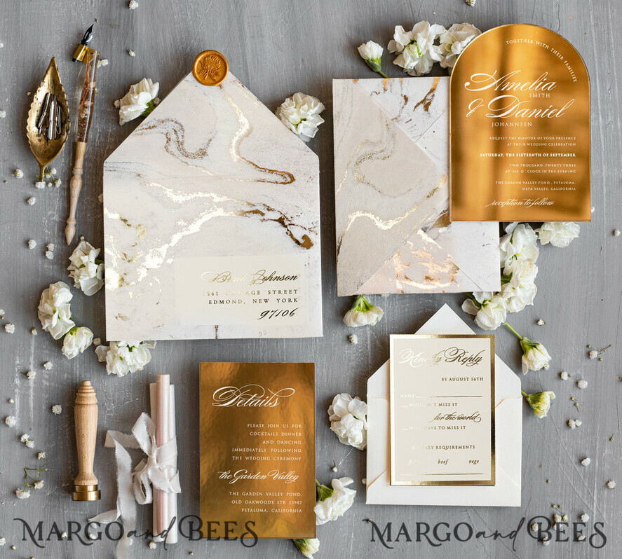 WEDDING INVITATIONS gold / rose gold / silver / glitter Arch Gold Acrylic wedding invitation, Luxury gold marble Wedding Invites, Glamour Ivory Wedding Invitation Suite