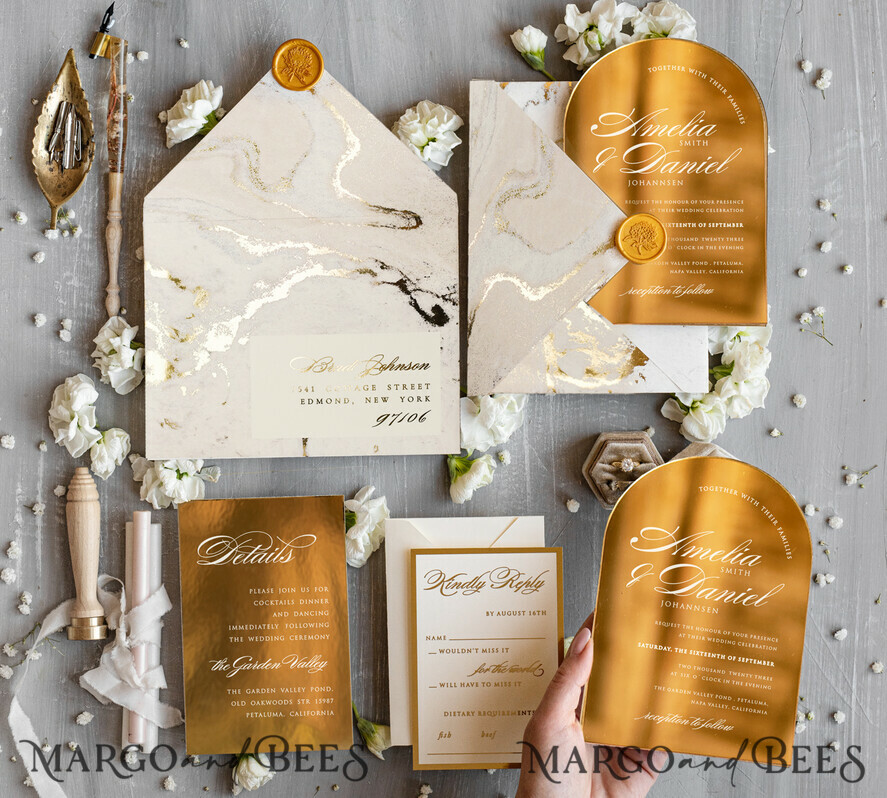WEDDING INVITATIONS gold / rose gold / silver / glitter Arch Gold Acrylic wedding invitation, Luxury gold marble Wedding Invites, Glamour Ivory Wedding Invitation Suite
