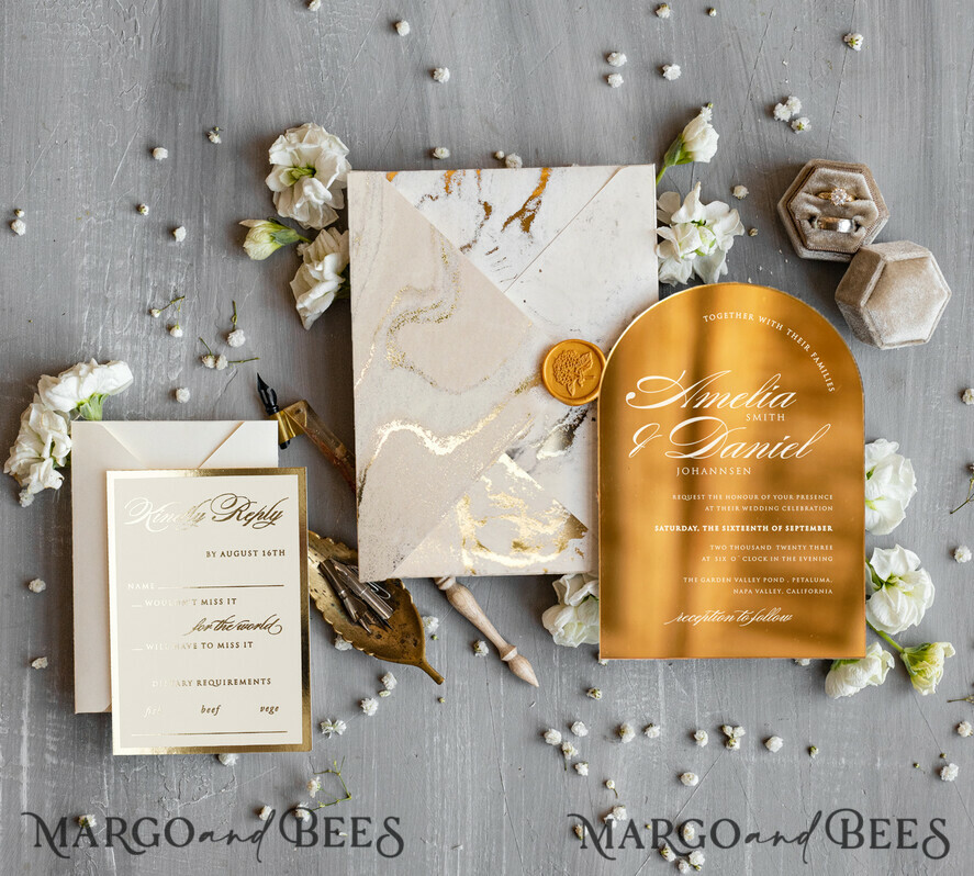 WEDDING INVITATIONS gold / rose gold / silver / glitter Arch Gold Acrylic wedding invitation, Luxury gold marble Wedding Invites, Glamour Ivory Wedding Invitation Suite