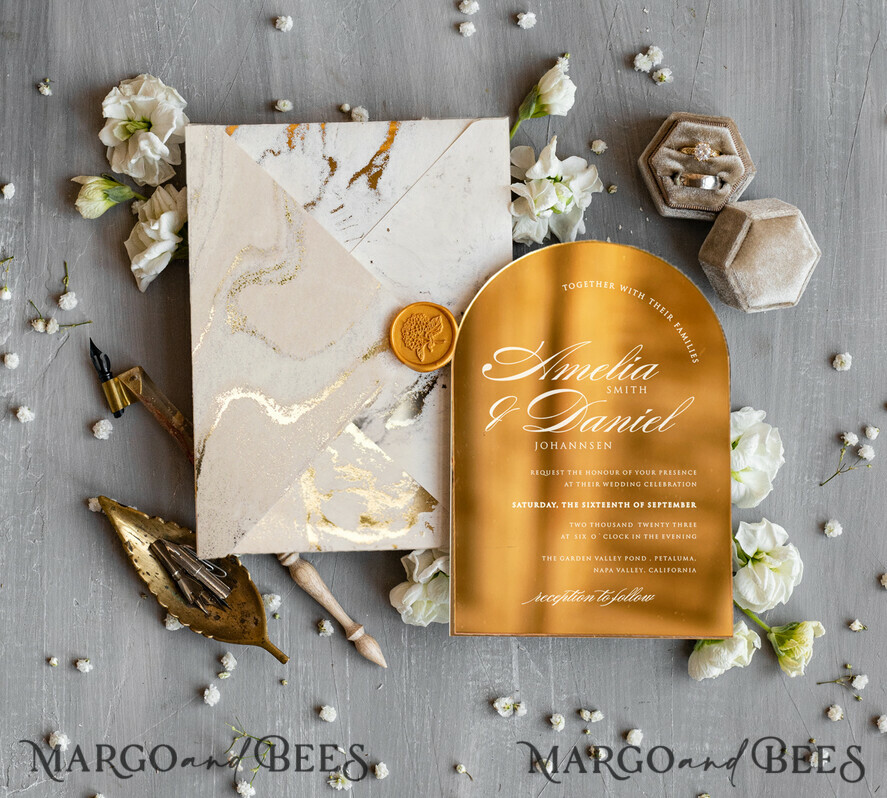 WEDDING INVITATIONS gold / rose gold / silver / glitter Arch Gold Acrylic wedding invitation, Luxury gold marble Wedding Invites, Glamour Ivory Wedding Invitation Suite