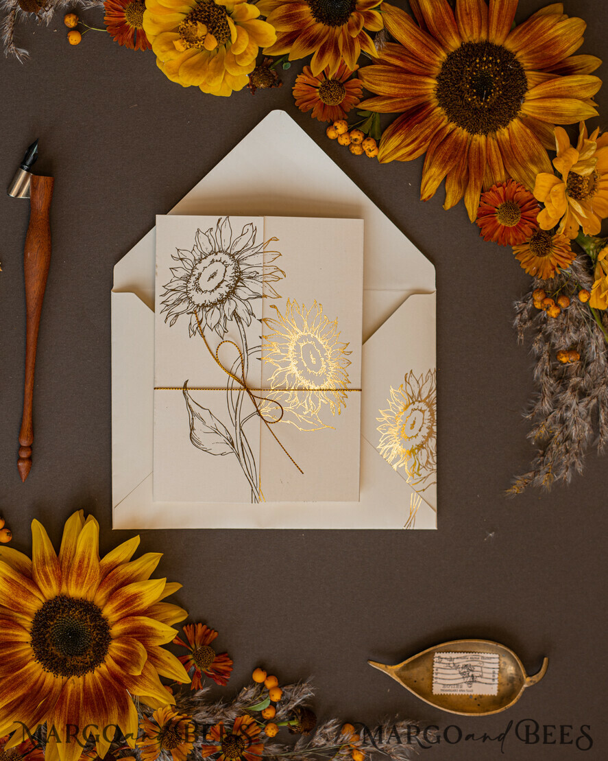 WEDDING INVITATIONS gold / rose gold / silver / glitter Luxury Gold Foil Wedding Invitations, Romantic Summer Wedding Stationery, Elegant Golden Sunflower Wedding Cards, Glamour Nude Wedding Stationery