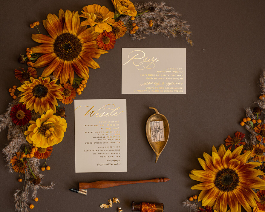 WEDDING INVITATIONS gold / rose gold / silver / glitter Luxury Gold Foil Wedding Invitations, Romantic Summer Wedding Stationery, Elegant Golden Sunflower Wedding Cards, Glamour Nude Wedding Stationery