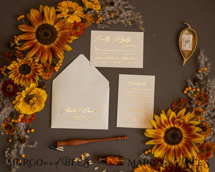 WEDDING INVITATIONS gold / rose gold / silver / glitter Luxury Gold Foil Wedding Invitations, Romantic Summer Wedding Stationery, Elegant Golden Sunflower Wedding Cards, Glamour Nude Wedding Stationery