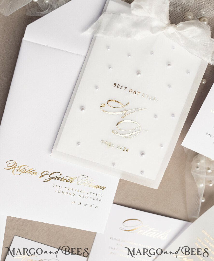 WEDDING INVITATIONS gold / rose gold / silver / glitter beaded bespoke Elegant pure white Gold Wedding Invitation Suite, Beaded Perls Wedding Cards, luxury Wedding Stationery, silk ribbon, vellum beaded etui with your monogram