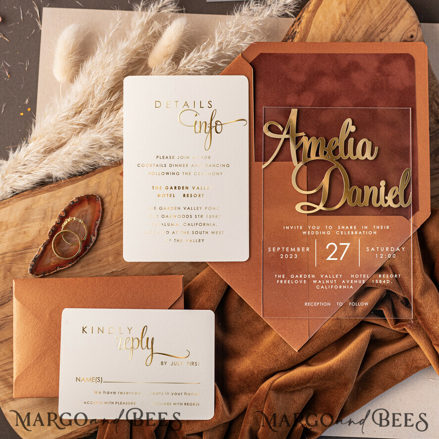Luxury Arch Terracotta Acrylic Wedding Invitations, Velvet Pocket