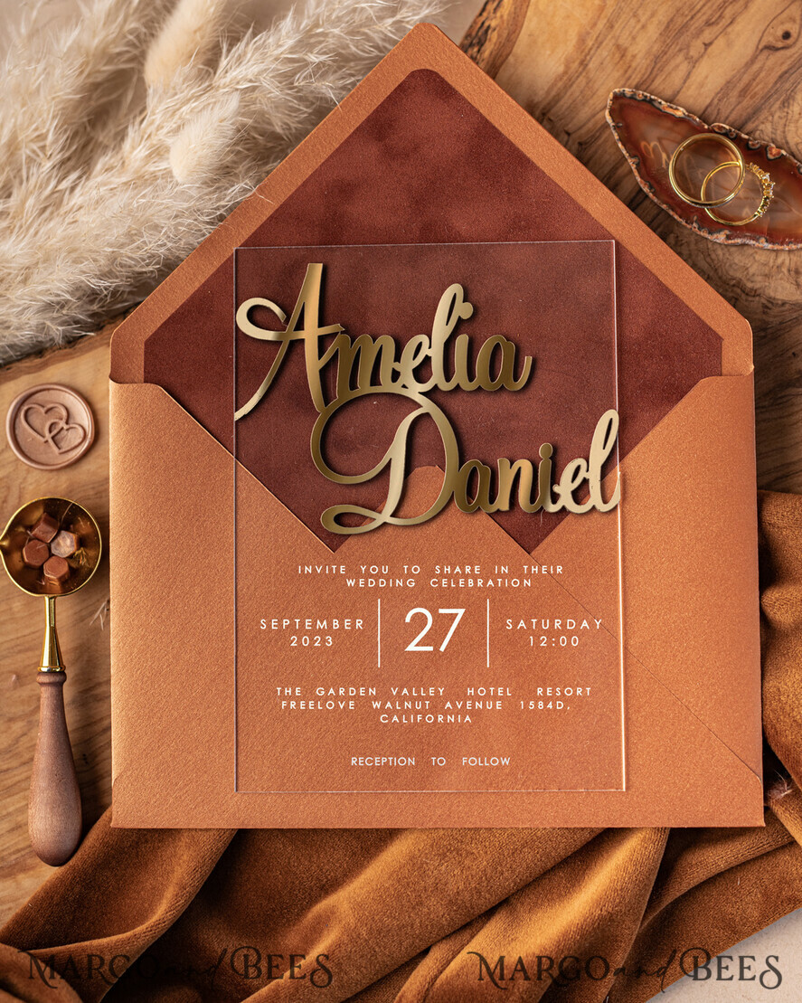 WEDDING INVITATIONS gold / rose gold / silver / glitter Bespoke Terracotta  wedding invitations, Glamour Acrylic  Wedding Invitations, Golden Velvet Wedding Invitation Suite, Luxury Wedding Cards