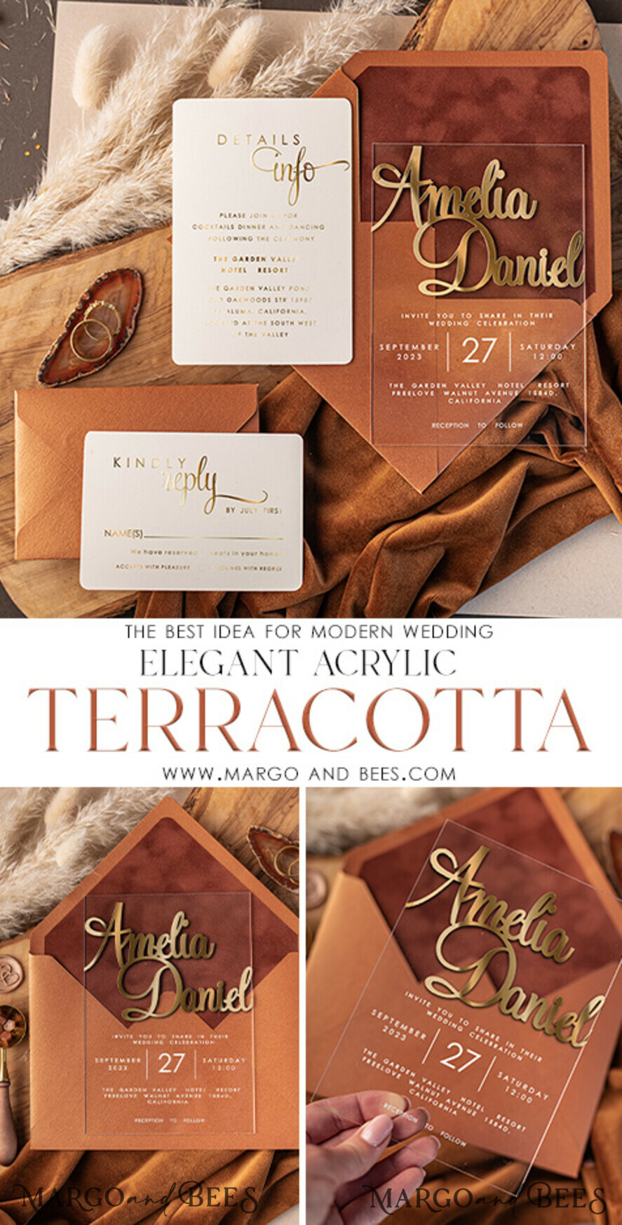 WEDDING INVITATIONS gold / rose gold / silver / glitter Bespoke Terracotta  wedding invitations, Glamour Acrylic  Wedding Invitations, Golden Velvet Wedding Invitation Suite, Luxury Wedding Cards