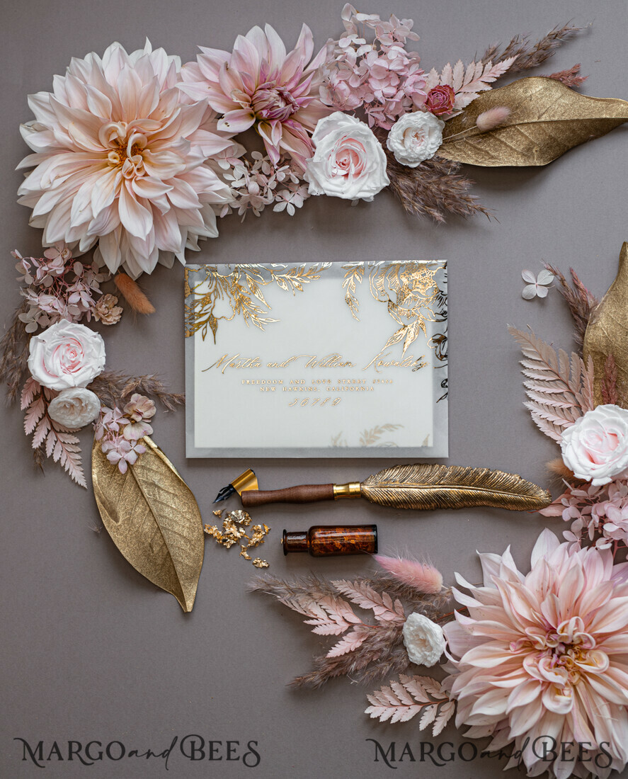 WEDDING INVITATIONS gold / rose gold / silver / glitter Bohemian Blush Pink Wedding Invites, Glamour Gold Wedding Cards, Luxury Bespoke Wedding Invitation Suite, Elegant Vellum Wedding Invitations