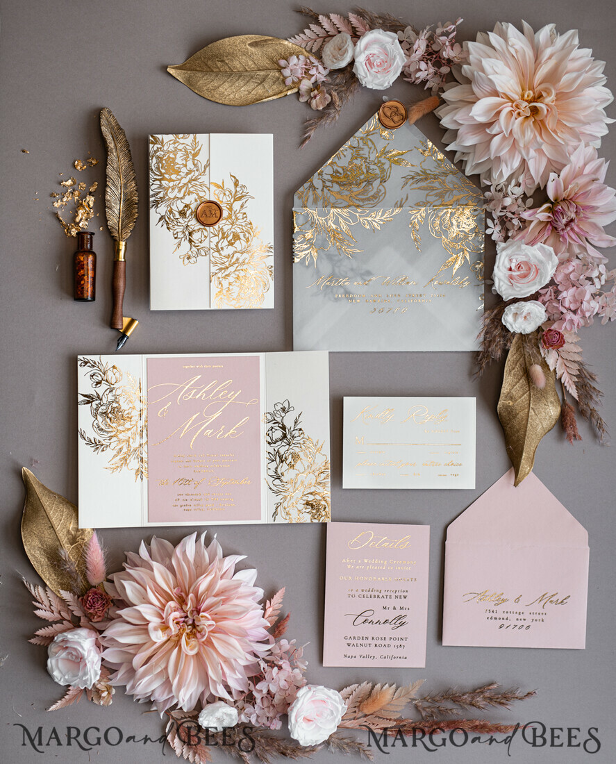 WEDDING INVITATIONS gold / rose gold / silver / glitter Bohemian Blush Pink Wedding Invites, Glamour Gold Wedding Cards, Luxury Bespoke Wedding Invitation Suite, Elegant Vellum Wedding Invitations