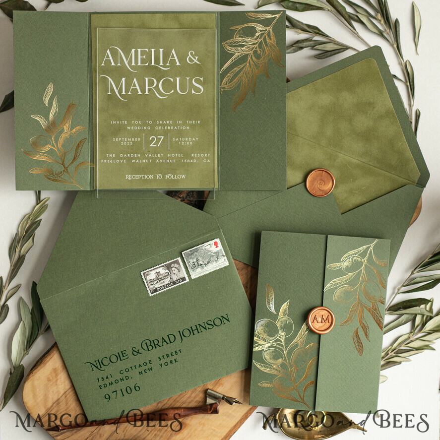 WEDDING INVITATIONS gold / rose gold / silver / glitter Velvet olive green Wedding invitations designs, Acrylic Wedding Invitations cards, Golden Shine Wedding Invitation Suite, Luxury Wedding Cards