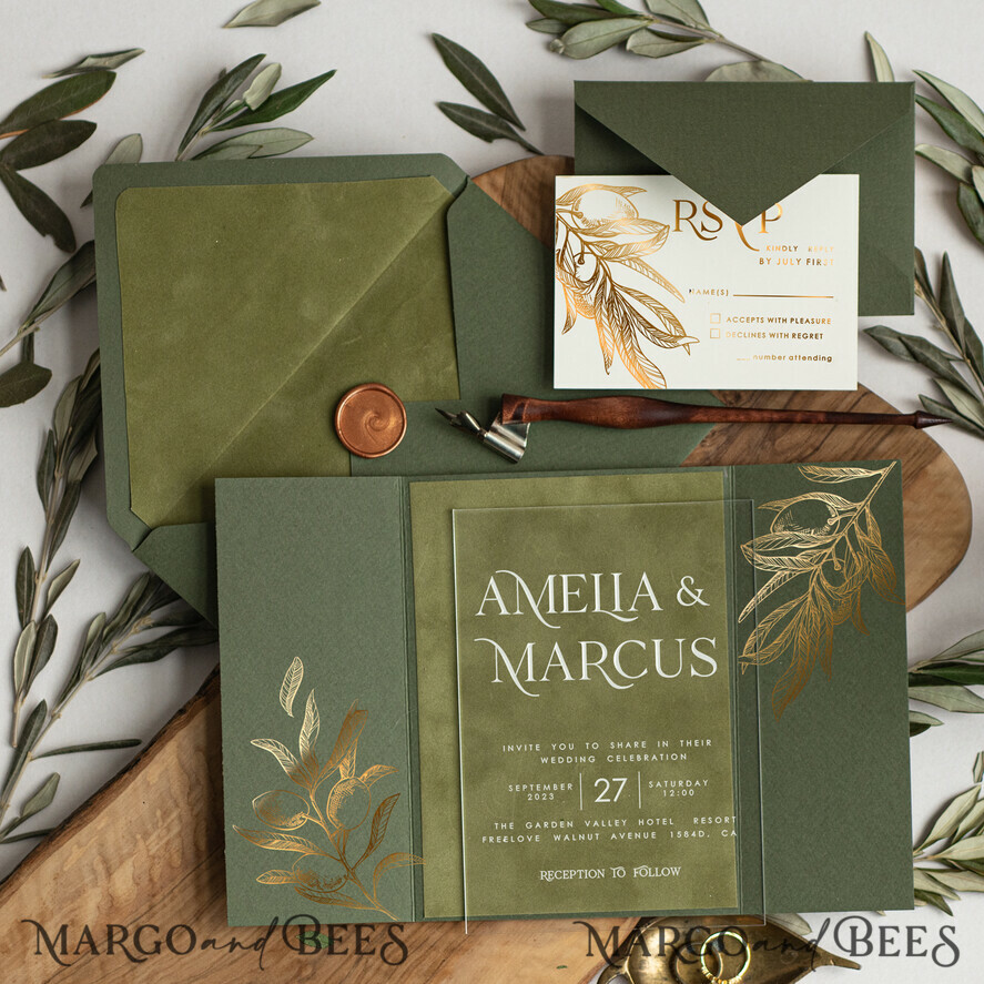 WEDDING INVITATIONS gold / rose gold / silver / glitter Velvet olive green Wedding invitations designs, Acrylic Wedding Invitations cards, Golden Shine Wedding Invitation Suite, Luxury Wedding Cards