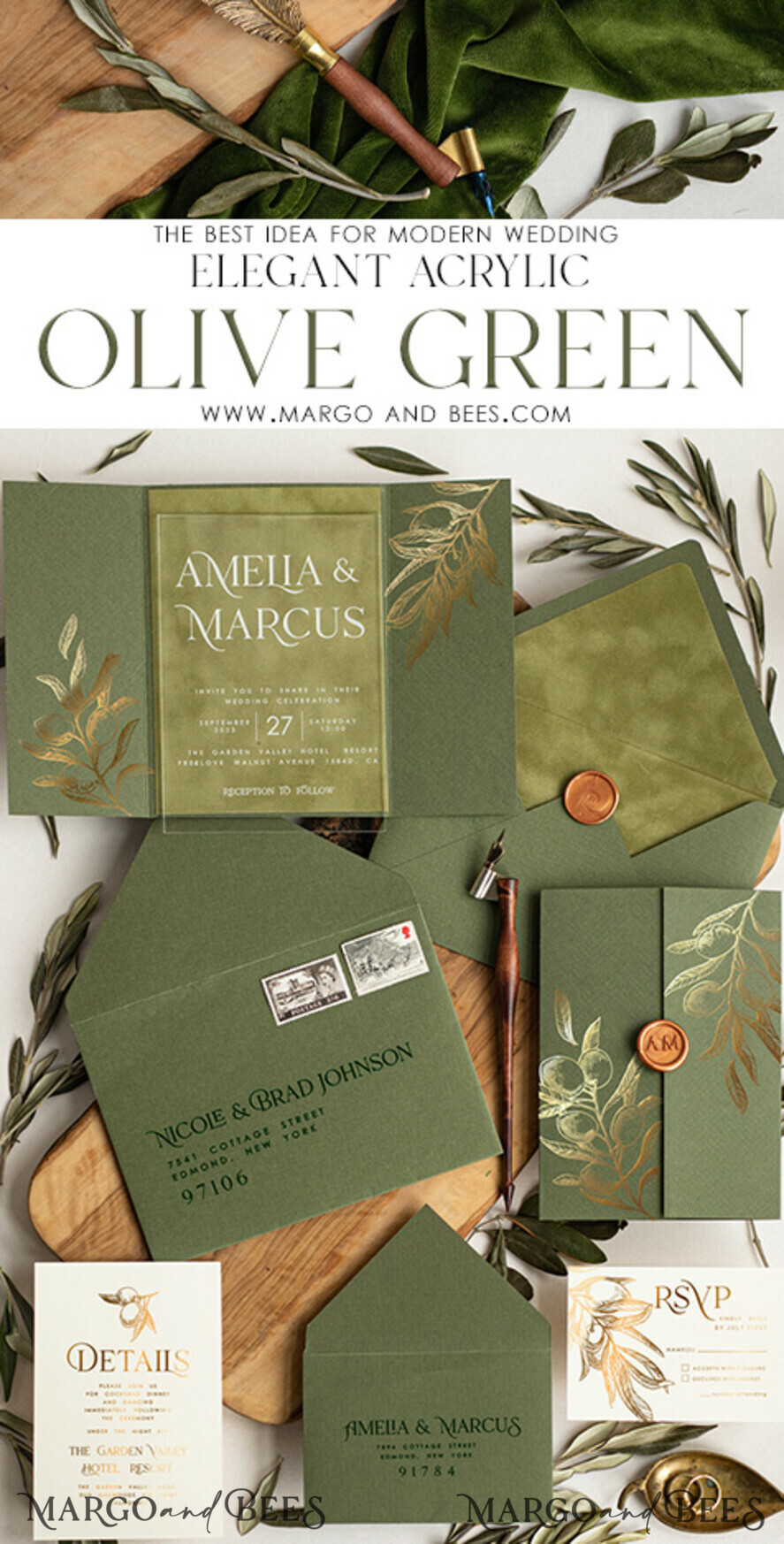 WEDDING INVITATIONS gold / rose gold / silver / glitter Velvet olive green Wedding invitations designs, Acrylic Wedding Invitations cards, Golden Shine Wedding Invitation Suite, Luxury Wedding Cards