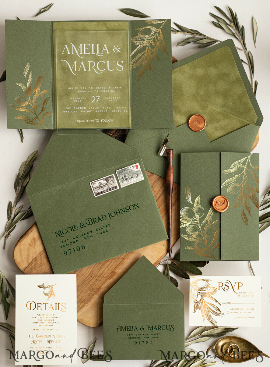 WEDDING INVITATIONS gold / rose gold / silver / glitter Velvet olive green Wedding invitations designs, Acrylic Wedding Invitations cards, Golden Shine Wedding Invitation Suite, Luxury Wedding Cards