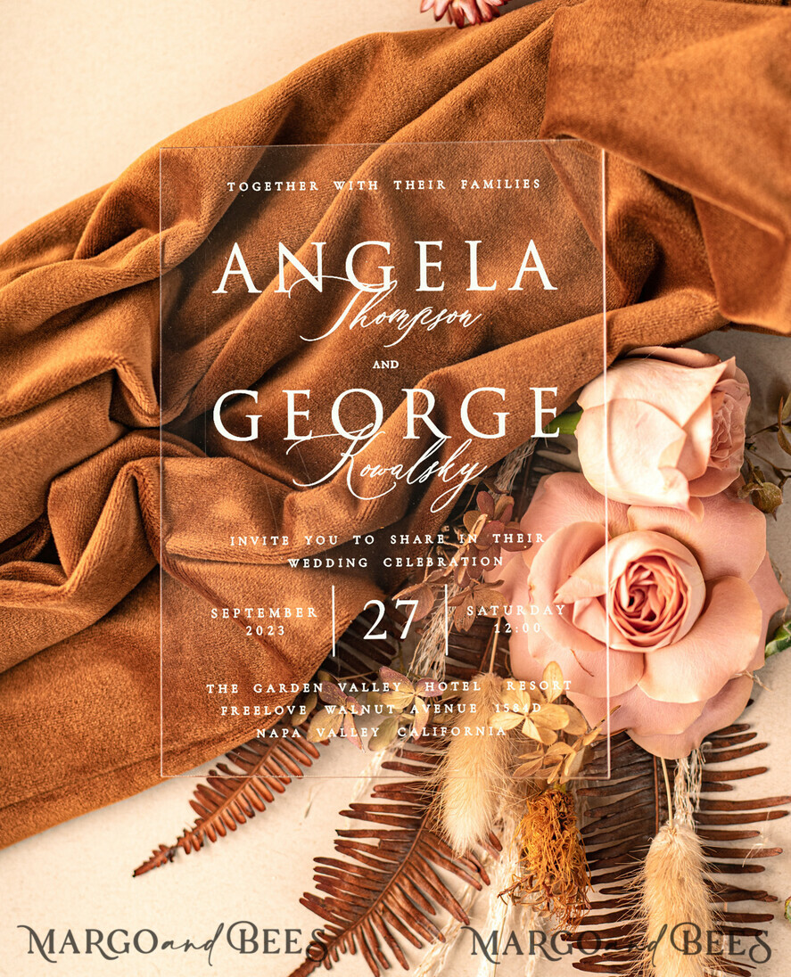 WEDDING INVITATIONS gold / rose gold / silver / glitter Bespoke Acrylic Gold wedding invitation, Glamour Velvet Terracotta Wedding Invitations • Golden Shine Plexi Wedding Invitation Suite • Luxury Wedding Cards wax seal Copper