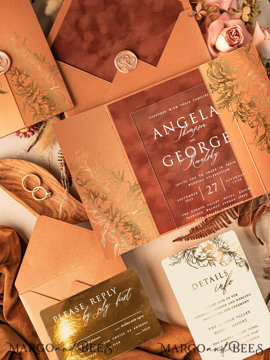WEDDING INVITATIONS gold / rose gold / silver / glitter Bespoke Acrylic Gold wedding invitation, Glamour Velvet Terracotta Wedding Invitations • Golden Shine Plexi Wedding Invitation Suite • Luxury Wedding Cards wax seal Copper