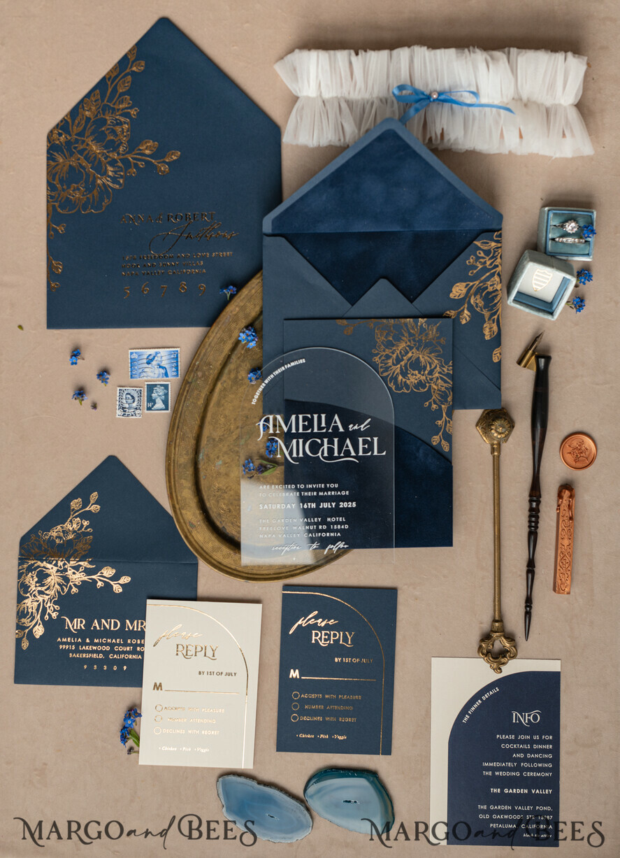 WEDDING INVITATIONS gold / rose gold / silver / glitter Navy Gold Arch Wedding invitations, Plexi Pocket Velvet Wedding Invitations, Dark Blue Gold Wedding Invitation Suite, Elegant  Wedding Cards