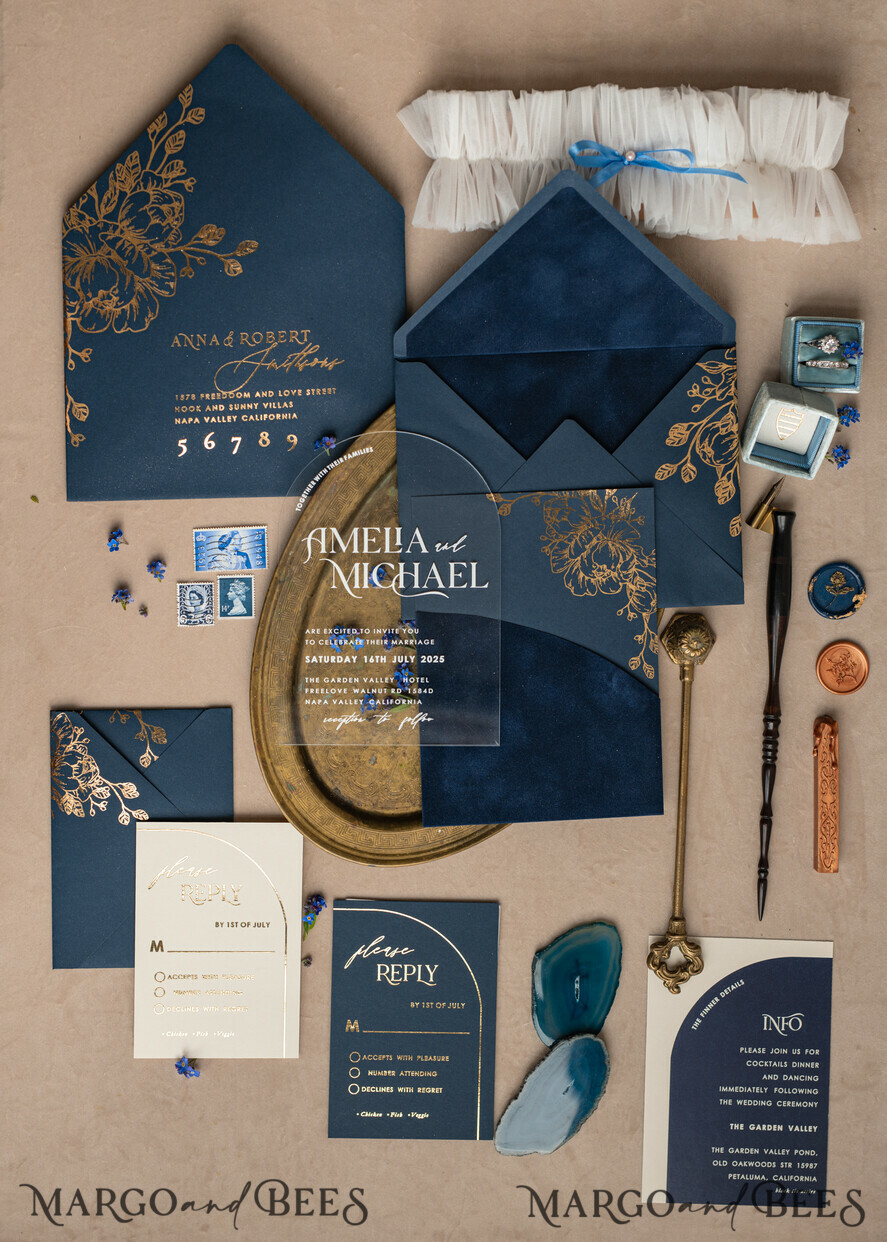 WEDDING INVITATIONS gold / rose gold / silver / glitter Navy Gold Arch Wedding invitations, Plexi Pocket Velvet Wedding Invitations, Dark Blue Gold Wedding Invitation Suite, Elegant  Wedding Cards