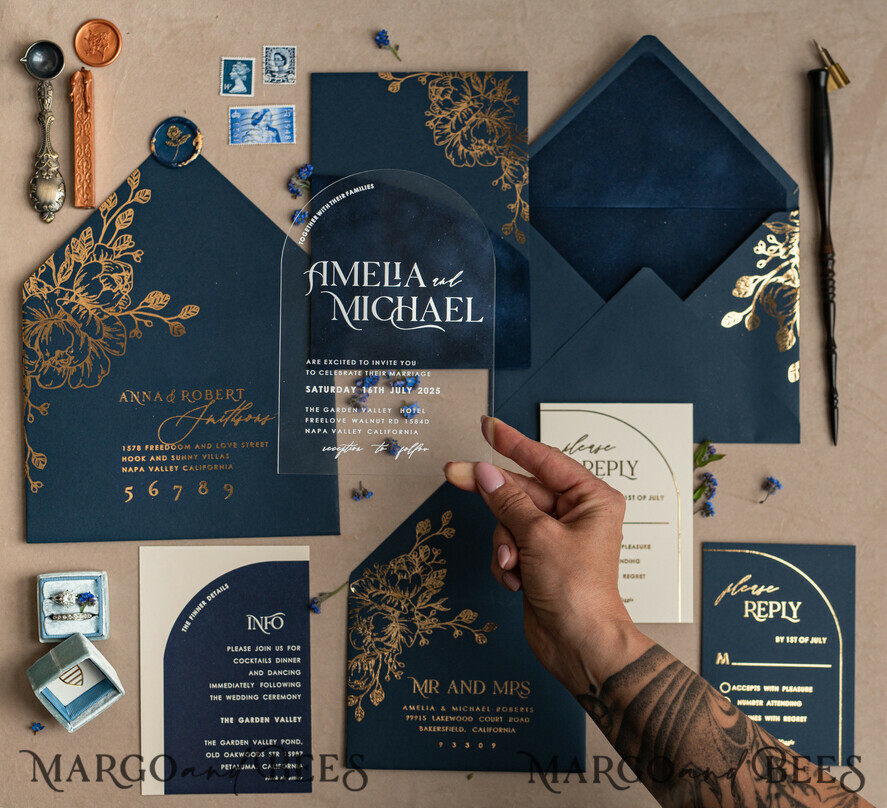 WEDDING INVITATIONS gold / rose gold / silver / glitter Navy Gold Arch Wedding invitations, Plexi Pocket Velvet Wedding Invitations, Dark Blue Gold Wedding Invitation Suite, Elegant  Wedding Cards