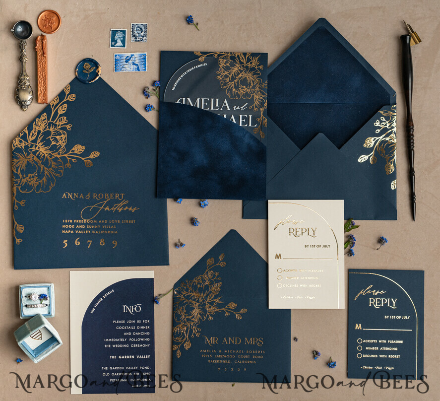 WEDDING INVITATIONS gold / rose gold / silver / glitter Navy Gold Arch Wedding invitations, Plexi Pocket Velvet Wedding Invitations, Dark Blue Gold Wedding Invitation Suite, Elegant  Wedding Cards
