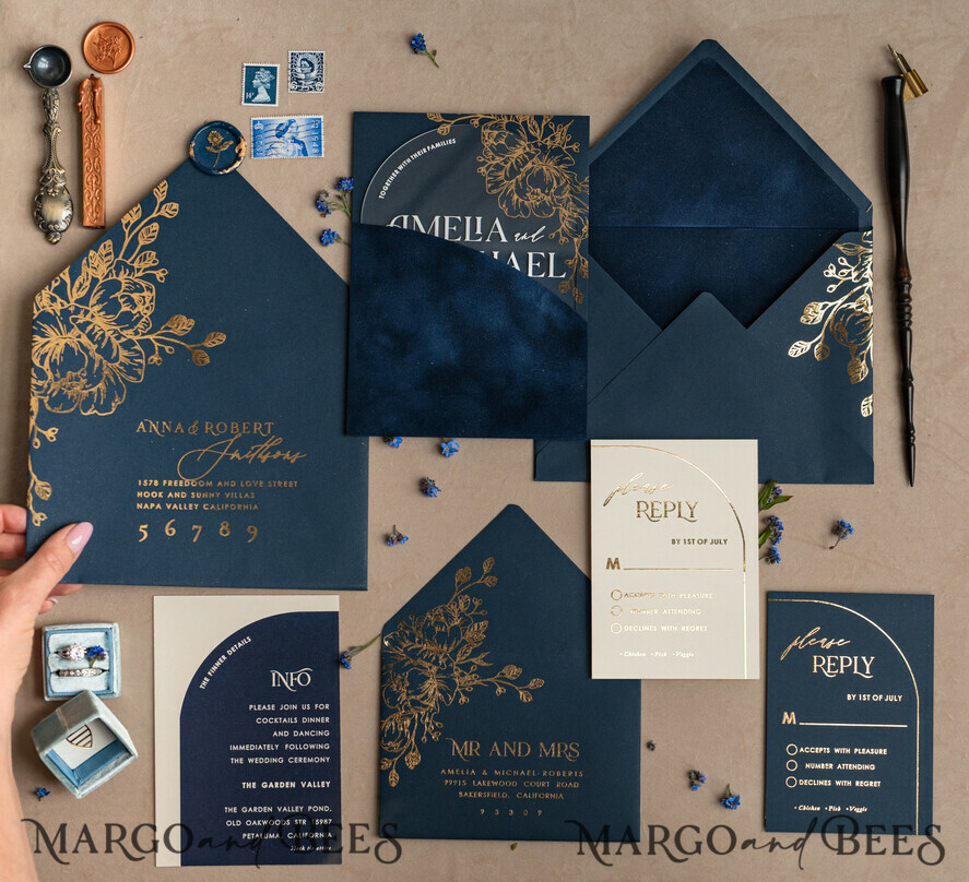 WEDDING INVITATIONS gold / rose gold / silver / glitter Navy Gold Arch Wedding invitations, Plexi Pocket Velvet Wedding Invitations, Dark Blue Gold Wedding Invitation Suite, Elegant  Wedding Cards