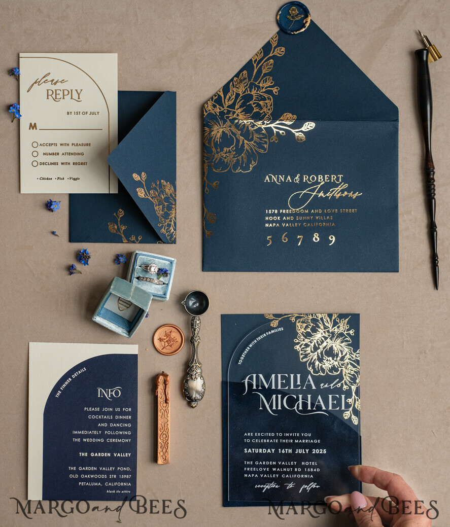WEDDING INVITATIONS gold / rose gold / silver / glitter Navy Gold Arch Wedding invitations, Plexi Pocket Velvet Wedding Invitations, Dark Blue Gold Wedding Invitation Suite, Elegant  Wedding Cards